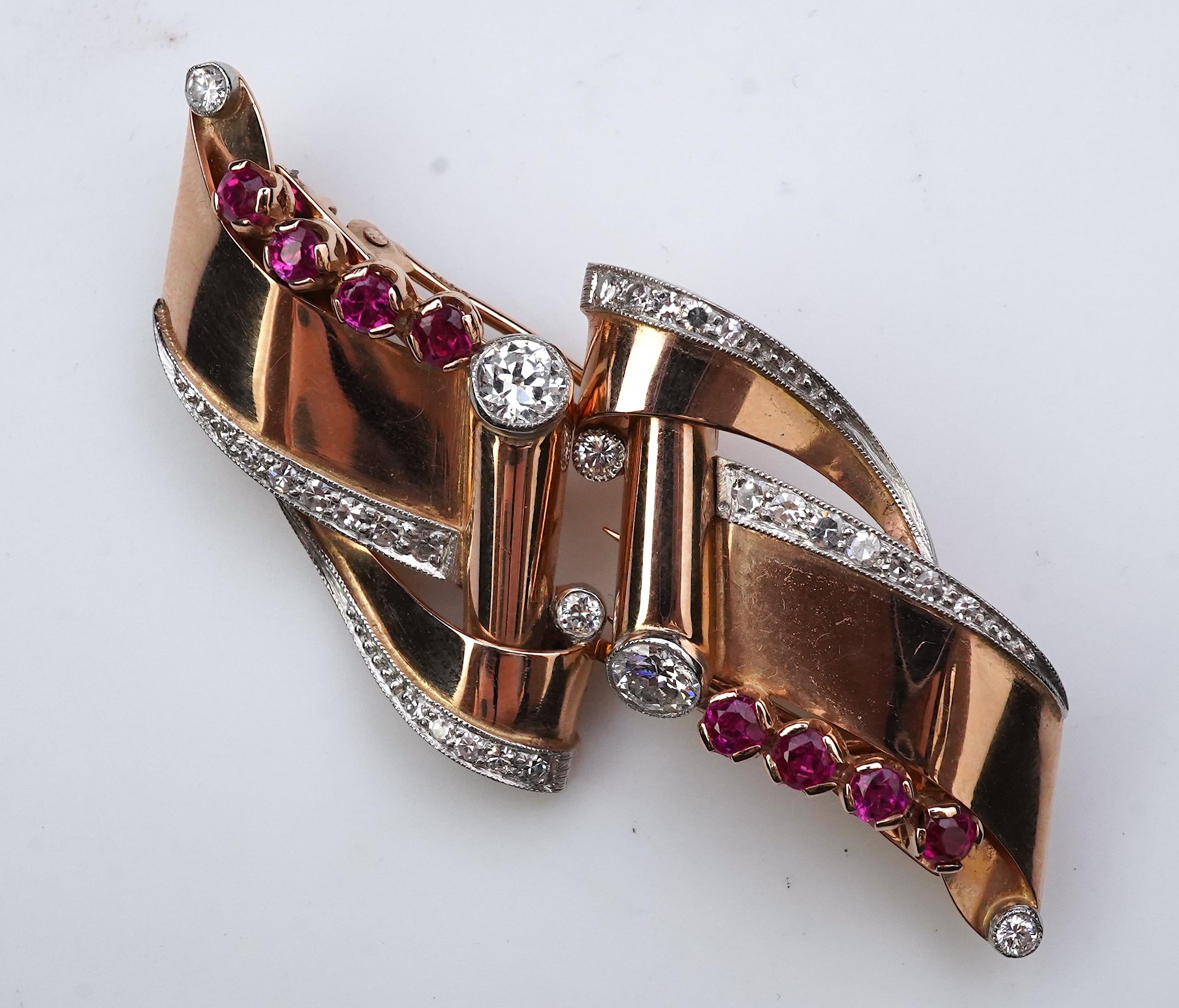 A Retro gold, synthetic ruby and diamond double clip brooch, circa 1940